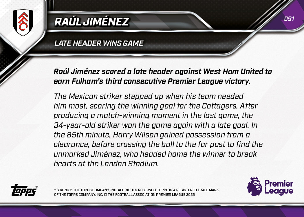 Raúl Jiménez - 2025-26 Premier League Topps NOW - Card 91 - PR: 183 - Image 7