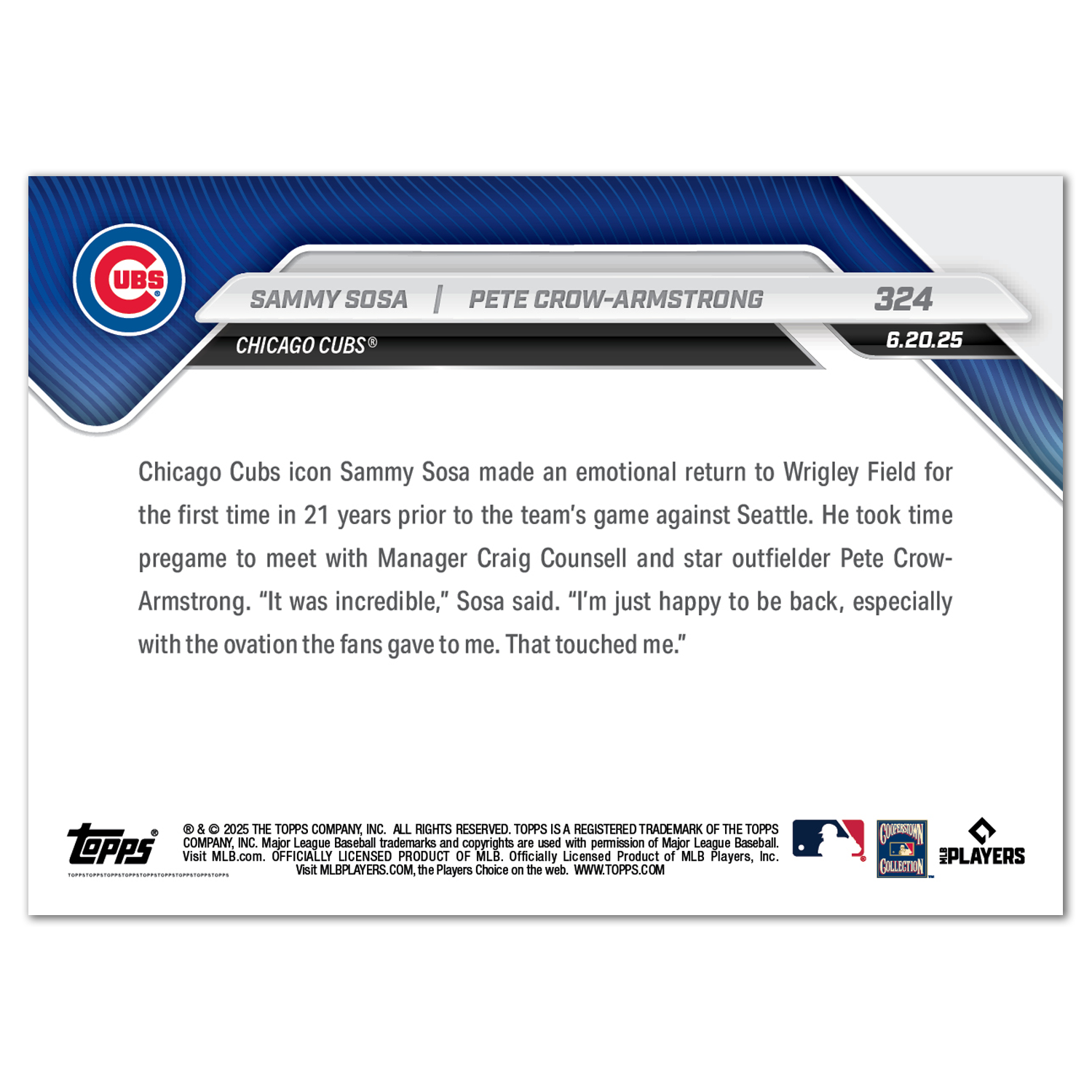 Sammy Sosa / Pete Crow-Armstrong - 2025 MLB Topps NOW - Card 324 - PR: 3186 - Image 2