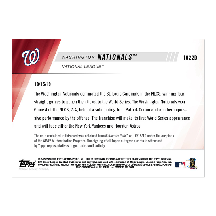 Game-used Base Relic # to 1 - Washington Nationals - MLB TOPPS NOW Card 1022D - Image 2