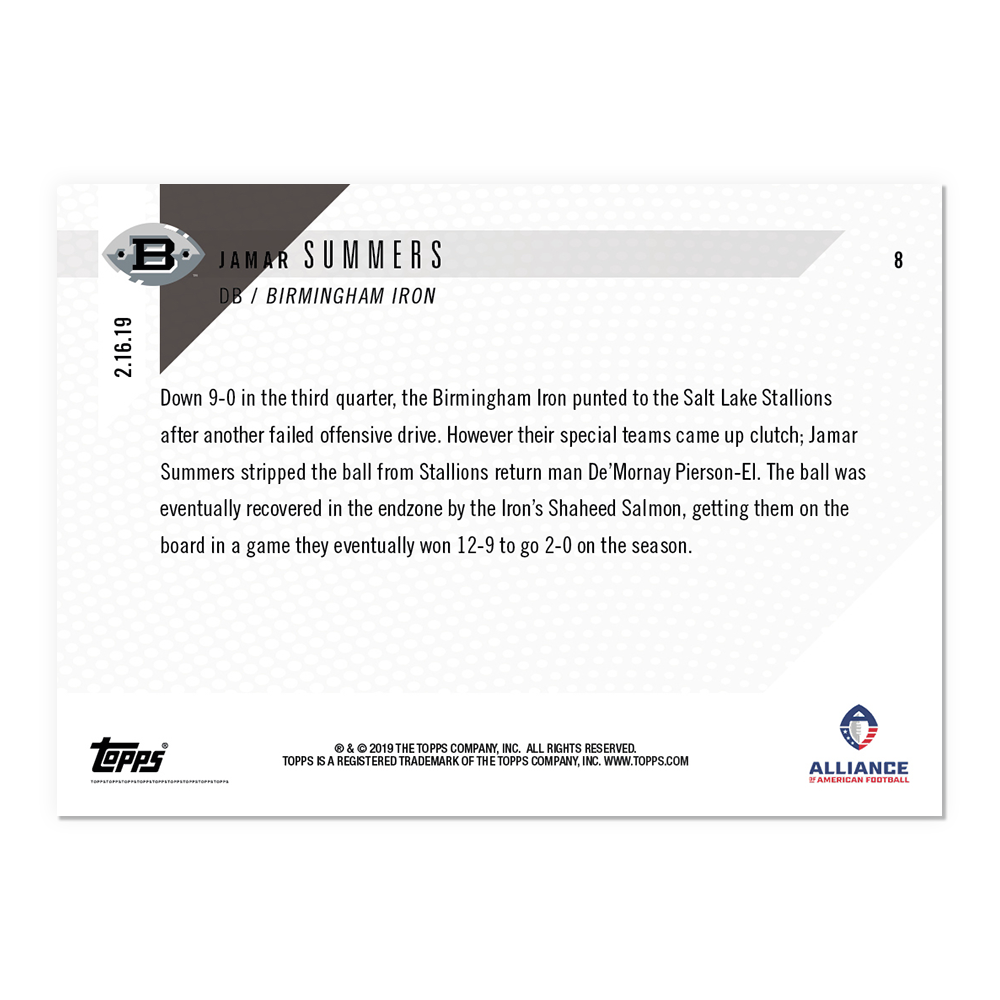 Jamar Summers - AAF TOPPS NOW Card 8 - Print Run: 279 - Image 2