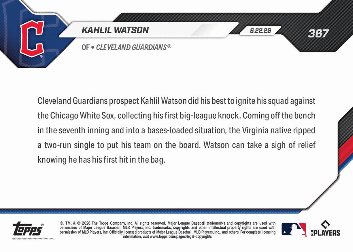Kahlil Watson - 2026 MLB Topps NOW - Card 367 - PR: 597 - Image 2