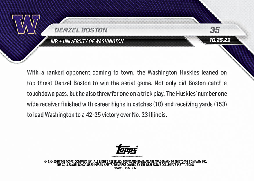 Denzel Boston - 2025-26 Bowman U NOW Football - Card 35 - PR: 262 - Image 2