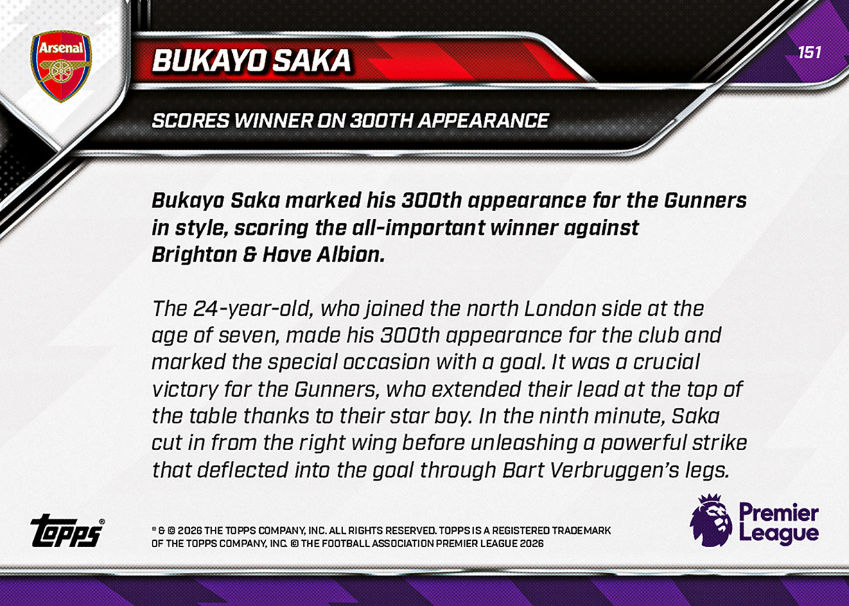 Bukayo Saka - 2025-26 Premier League Topps NOW - Card 151 - PR: 1623 - Image 7