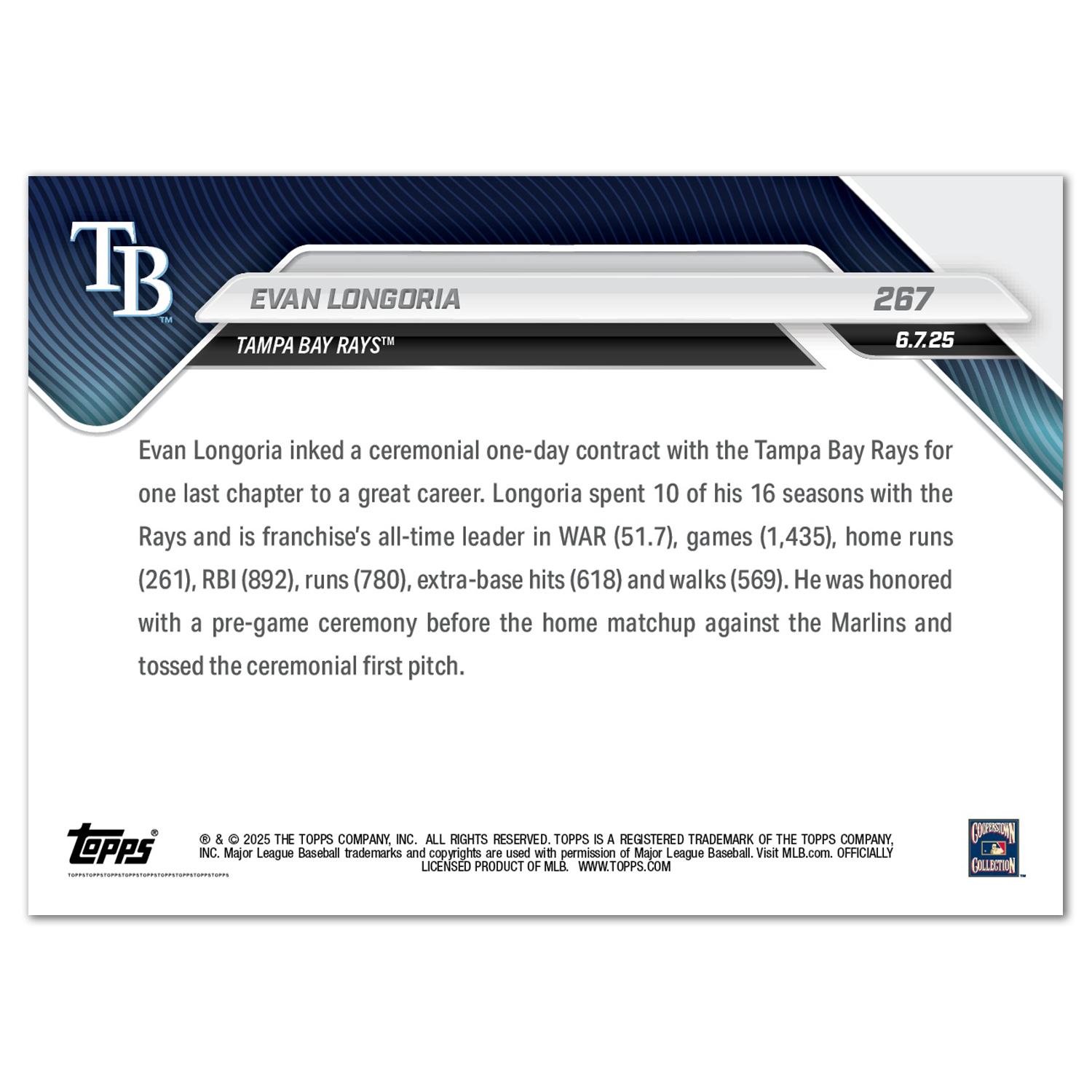 Evan Longoria - 2025 MLB Topps NOW - Card 267 - PR: 504 - Image 2
