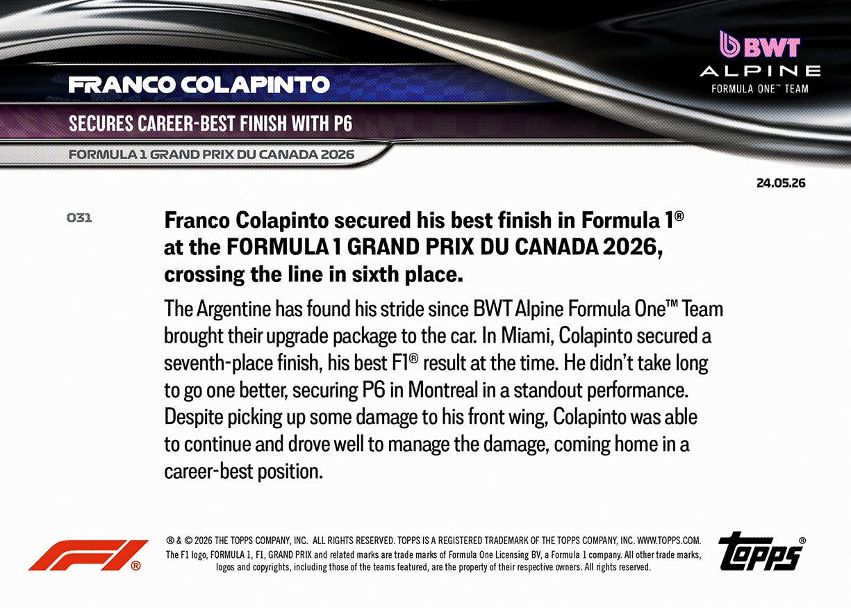 Franco Colapinto - 2026 Formula 1 Topps NOW - Card 31 - PR: 1187 - Image 7