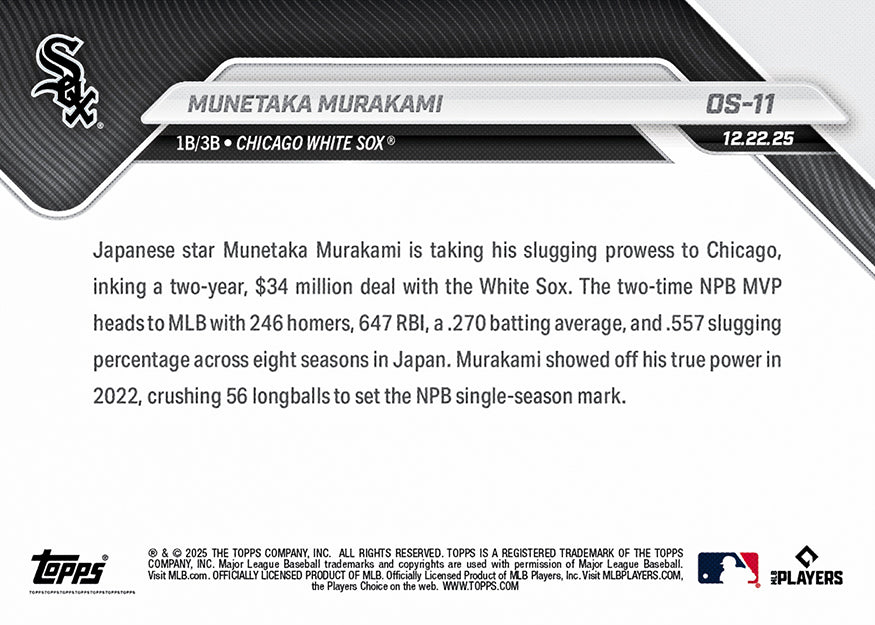 Munetaka Murakami - 2025 MLB Topps NOW - Card OS-11 - PR: 9544 - Image 2