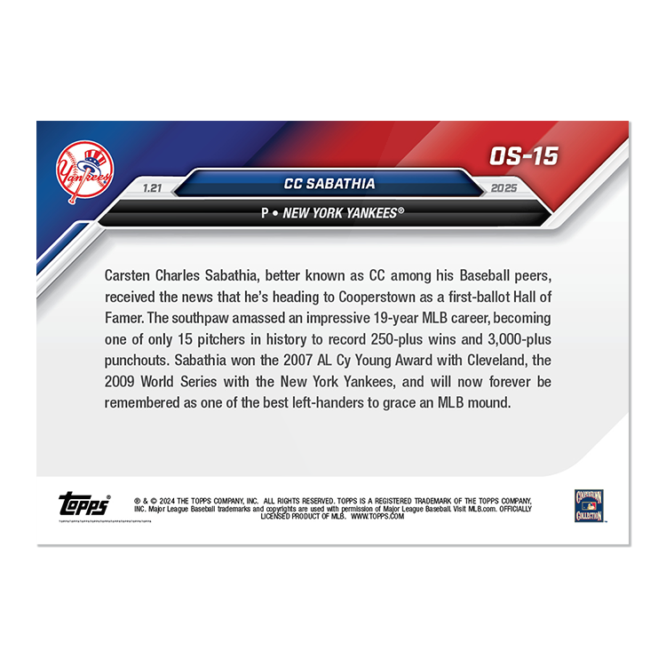CC Sabathia - 2025 MLB Topps NOW - Card OS-15 - LOOK FOR AUTOS - PR: 2696 - Image 3