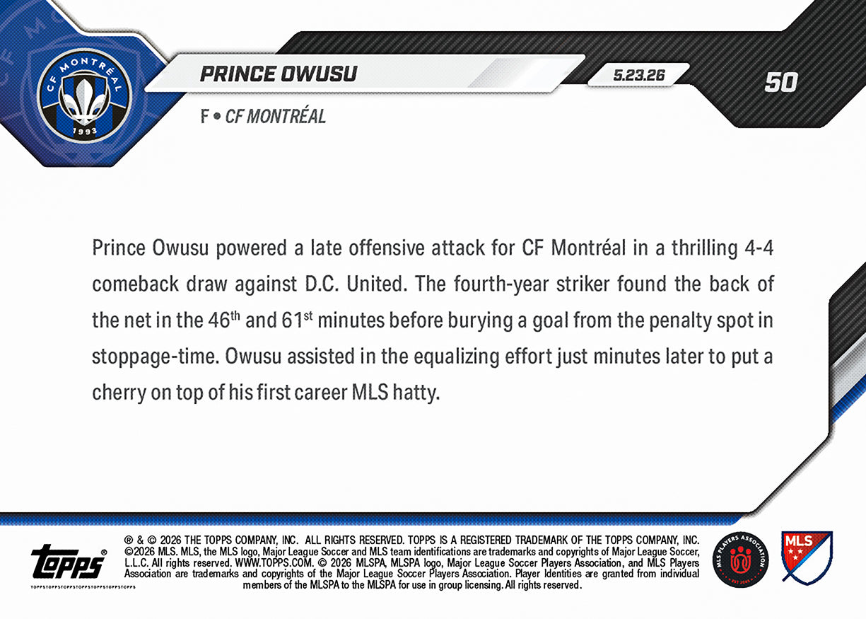 Prince Owusu - 2026 MLS Topps NOW - Card 50 - PR: 83 - Image 2