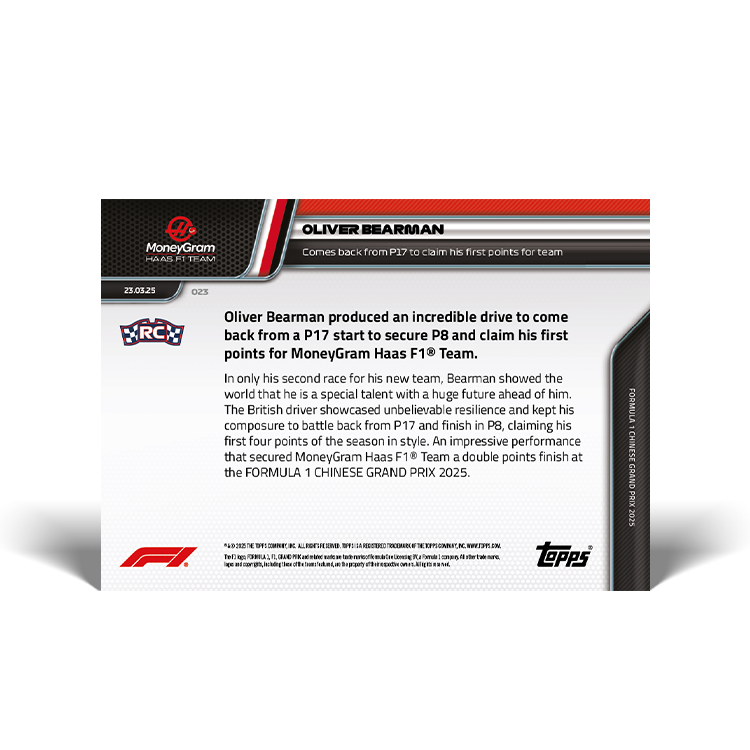 Oliver Bearman - 2025 Formula 1 Topps NOW Card 23 - PR: 502 - Image 2