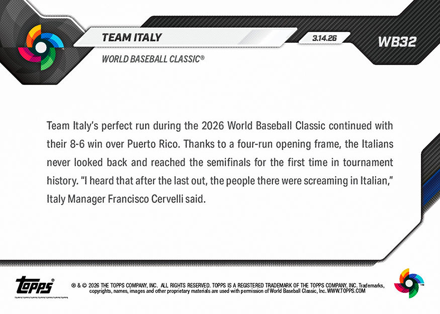 Team Italy - 2026 World Baseball Classic Topps NOW - Card 32 - PR: 1859 - Image 2