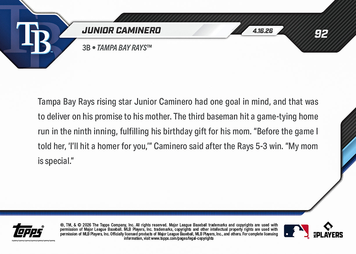 Junior Caminero - 2026 MLB Topps NOW - Card 92 - PR: 431 - Image 2