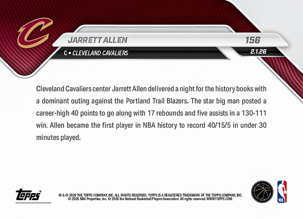 Jarrett Allen - 2025-26 NBA Topps NOW - Card 156 - PR: 482 - Image 2