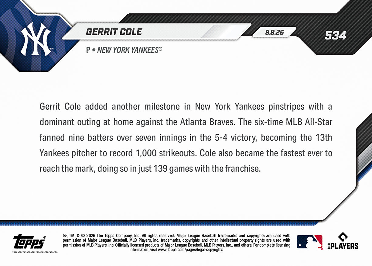 Gerrit Cole - 2026 MLB Topps NOW - Card 534 - PR: 1045 - Image 2