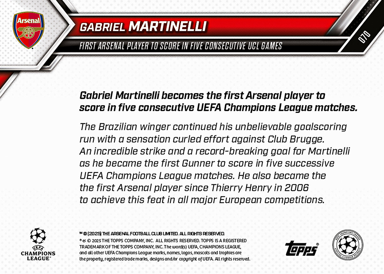 Gabriel Martinelli - 2025-26 UCL Topps NOW - Card 70 - PR: 698 - Image 7