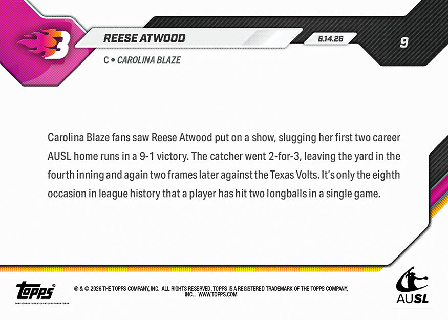 Reese Atwood - 2026 AUSL Topps NOW - Card 9 - PR: 1453 - Image 3