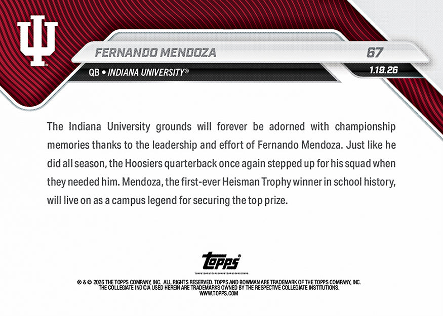 Fernando Mendoza - 2025-26 Bowman U NOW Football - Card 67 - PR: 30616 - Image 3