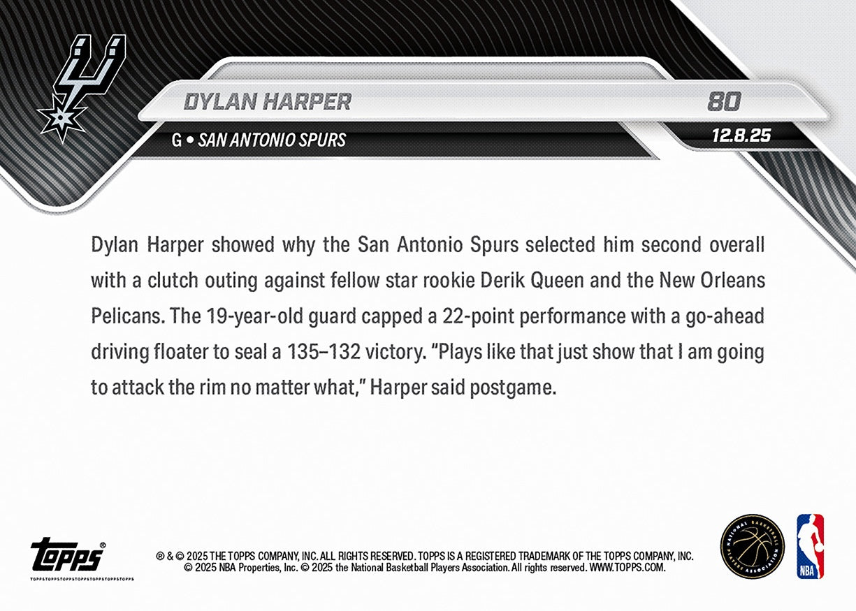 Dylan Harper - 2025-26 NBA Topps NOW - Card 80 - PR: 1406 - Image 2