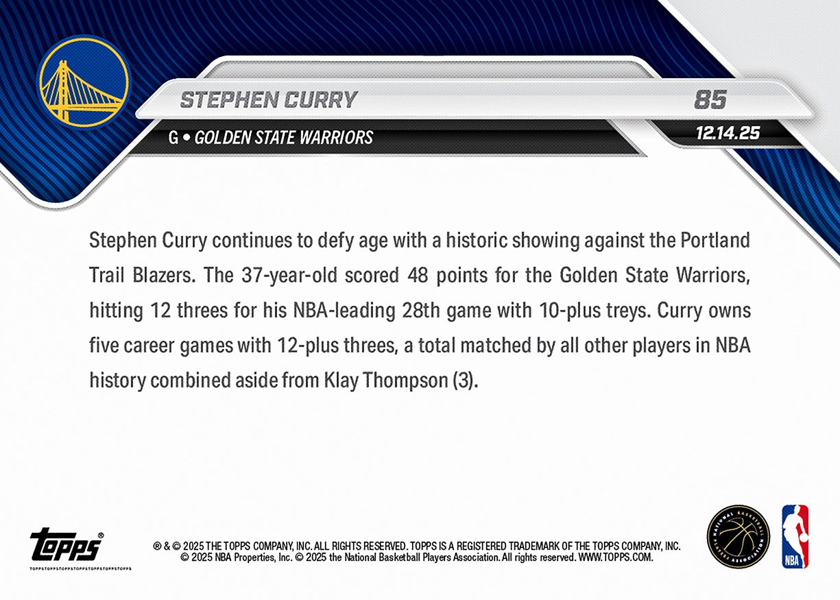 Stephen Curry - 2025-26 NBA Topps NOW - Card 85 - PR: 3228 - Image 2