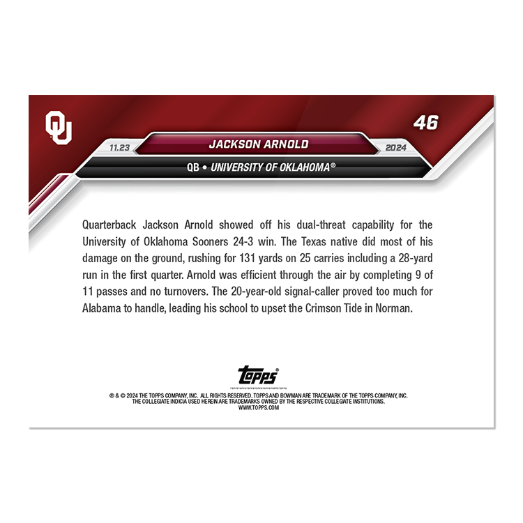 Jackson Arnold - 2024 Bowman U NOW Football Card 46 - PR: 301 - Image 2