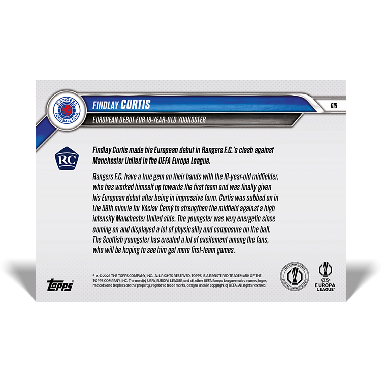 Findlay Curtis - European debut for 18-year-old youngster - 24/25 UEL Topps NOW Card 15 - PR: 301 - Image 5