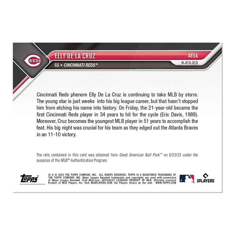 Game-used Base Relic # to 199 or Lower - Elly De La Cruz - 2023 MLB TOPPS NOW Card 485 - Image 4