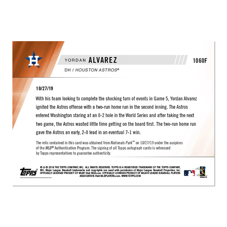 On-Card Auto Relic # to 1 - Yordan Alvarez - MLB TOPPS NOW Card 1060F - Image 2