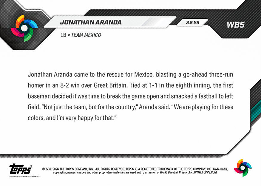 Jonathan Aranda - 2026 World Baseball Classic Topps NOW - Card 5 - PR: 1015 - Image 2