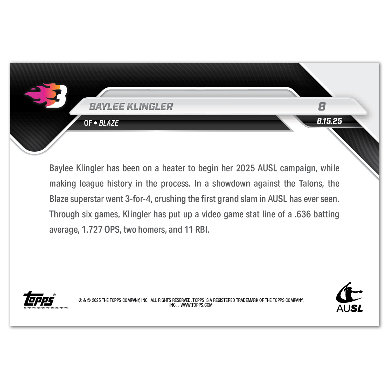 Baylee Klingler - 2025 AUSL Topps NOW - Card 8 - LOOK FOR AUTOS - PR: 1079 - Image 3