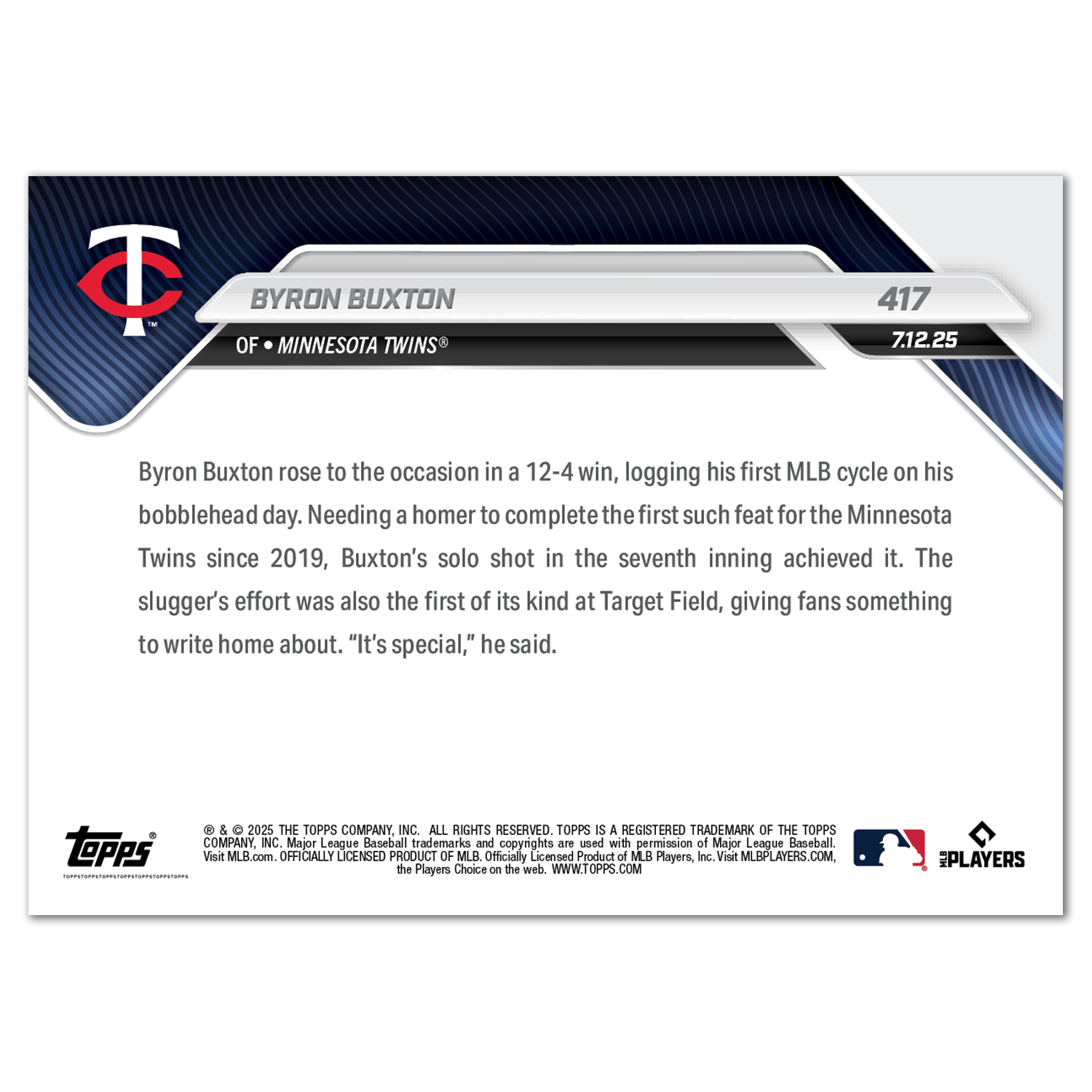 Byron Buxton - 2025 MLB Topps NOW - Card 417 - LOOK FOR AUTOS - PR: 2125 - Image 3
