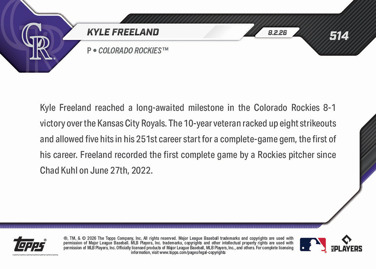 Kyle Freeland - 2026 MLB Topps NOW - Card 514 - PR: 429 - Image 2