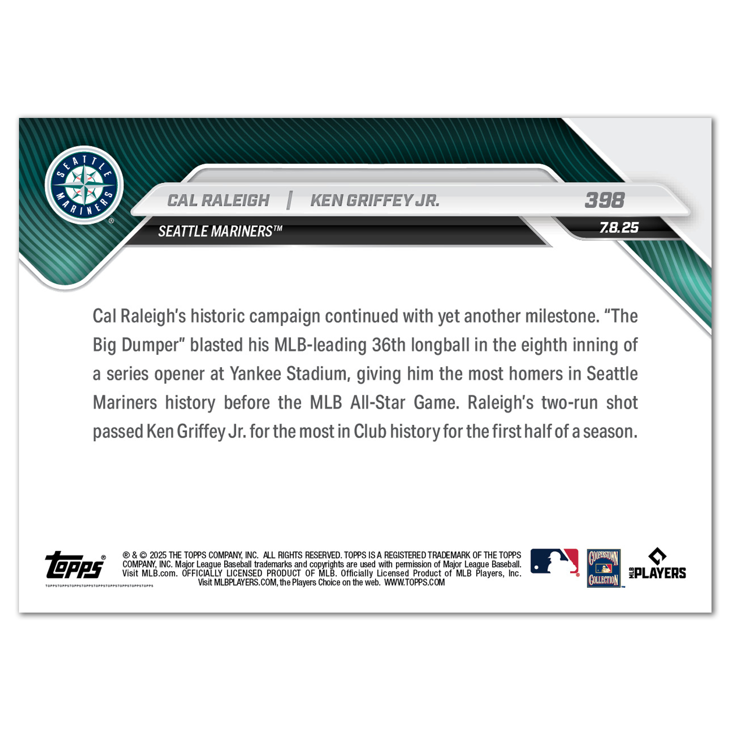 Cal Raleigh / Ken Griffey Jr. - 2025 MLB Topps NOW - Card 398 - PR: 2751 - Image 2