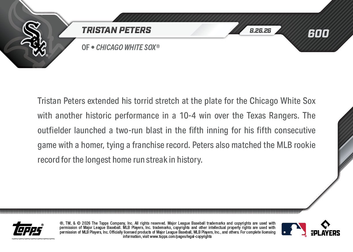 Tristan Peters - 2026 MLB Topps NOW - Card 600 - PR: 1648 - Image 2