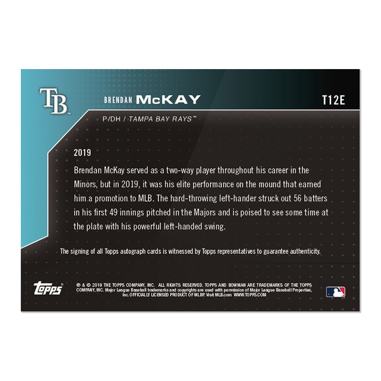 On-Card Auto # to 5 - Brendan McKay - Bowman NEXT TOPPS NOW Card T12E - Image 2