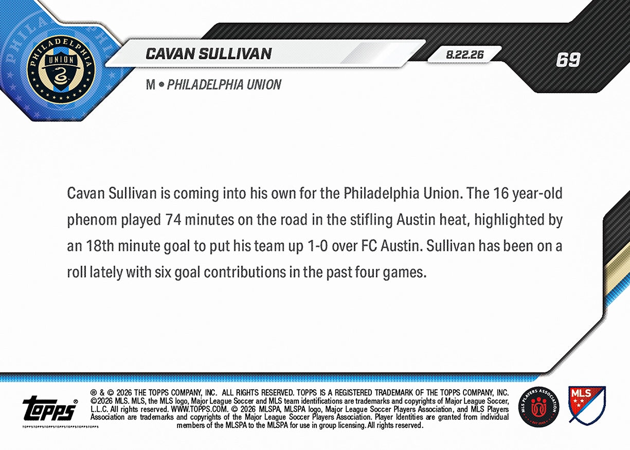 Cavan Sullivan - 2026 MLS Topps NOW - Card 69 - PR: 1299 - Image 2