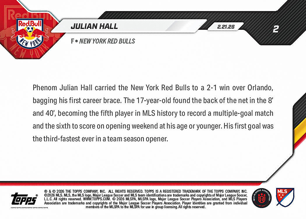 Julian Hall - 2026 MLS Topps NOW - Card 2 - PR: 401 - Image 2