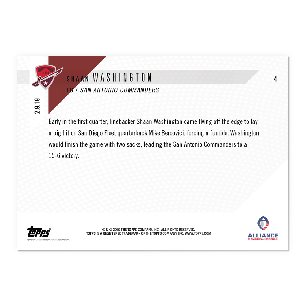 Alternative view of Shaan Washington - AAF TOPPS NOW Card 4 - Print Run: 736