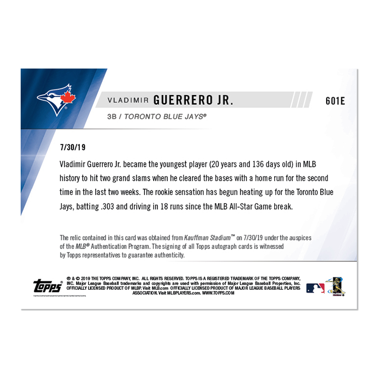 On-Card Auto Base Relic # to 5 - Vladimir Guerrero Jr. - MLB TOPPS NOW Card 601E - Image 2