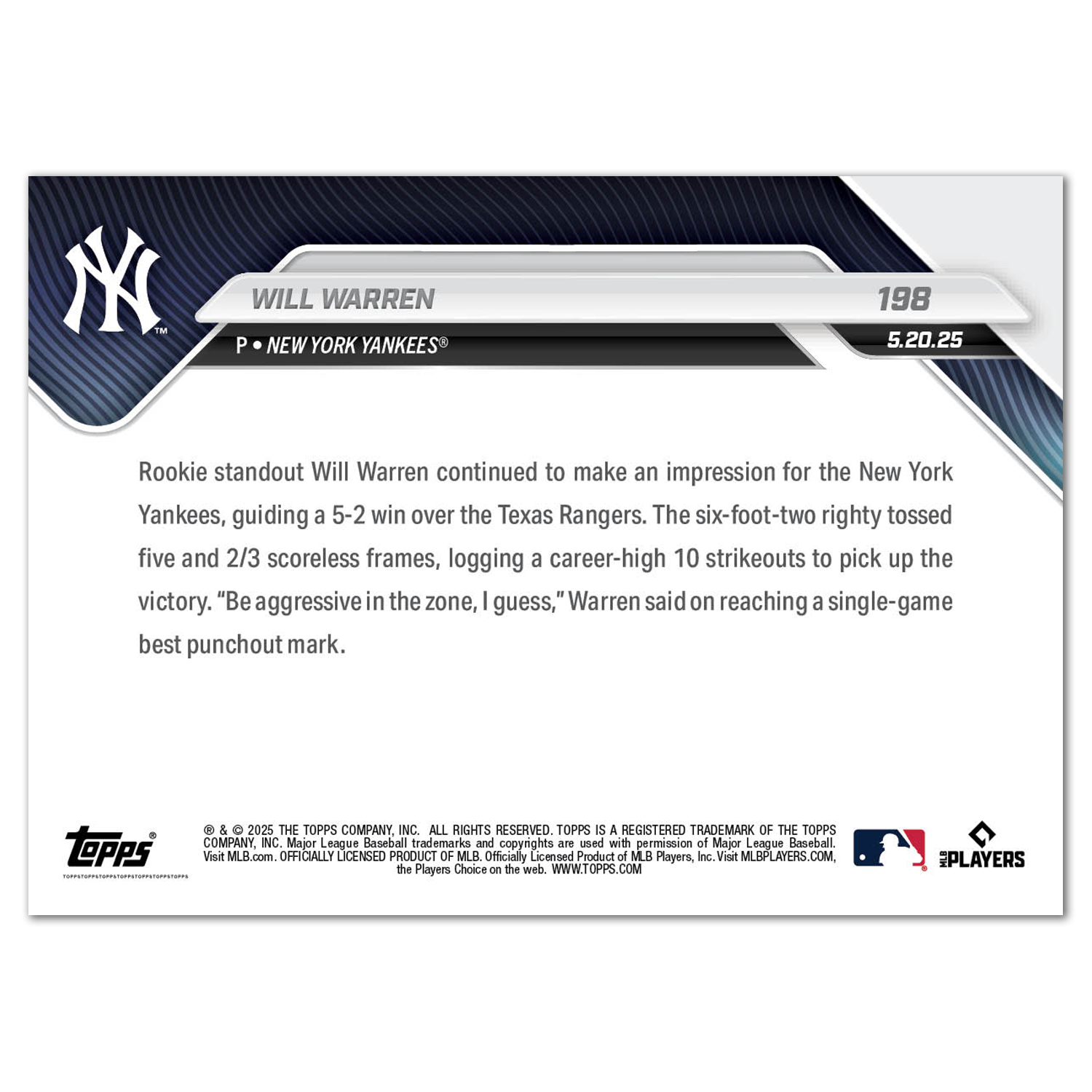 Will Warren - 2025 MLB Topps NOW - Card 198 - PR: 910 - Image 2