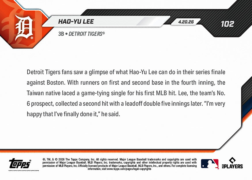 Hao-Yu Lee - 2026 MLB Topps NOW - Card 102 - PR: 6964 - Image 2