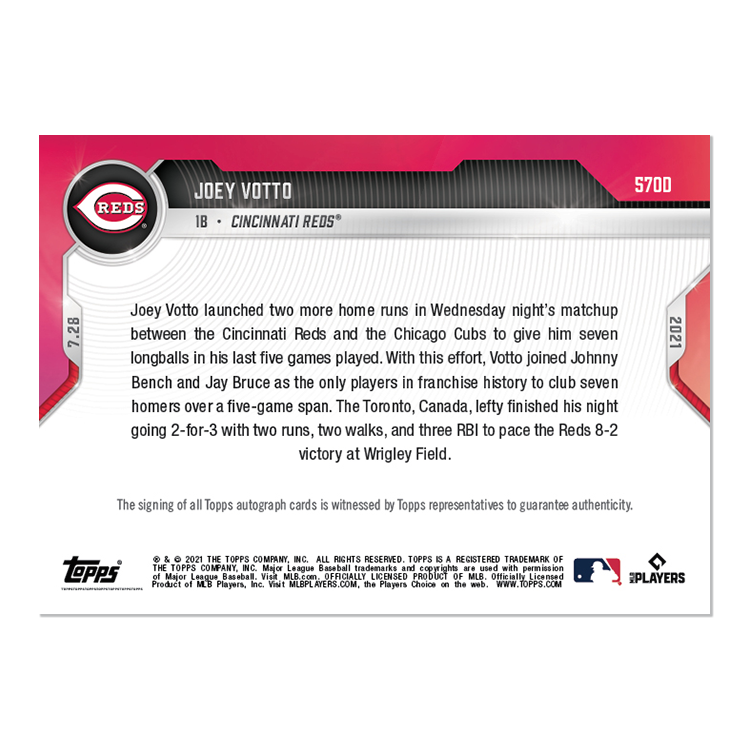On-Card Auto # to 10 - Joey Votto - 2021 MLB TOPPS NOW Card 570D - Image 2