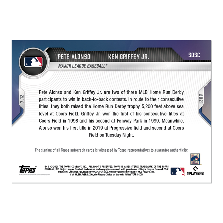 On-Card Auto # to 5 - Pete Alonso / Ken Griffey Jr. - 2021 MLB TOPPS NOW Card 505C - Image 2