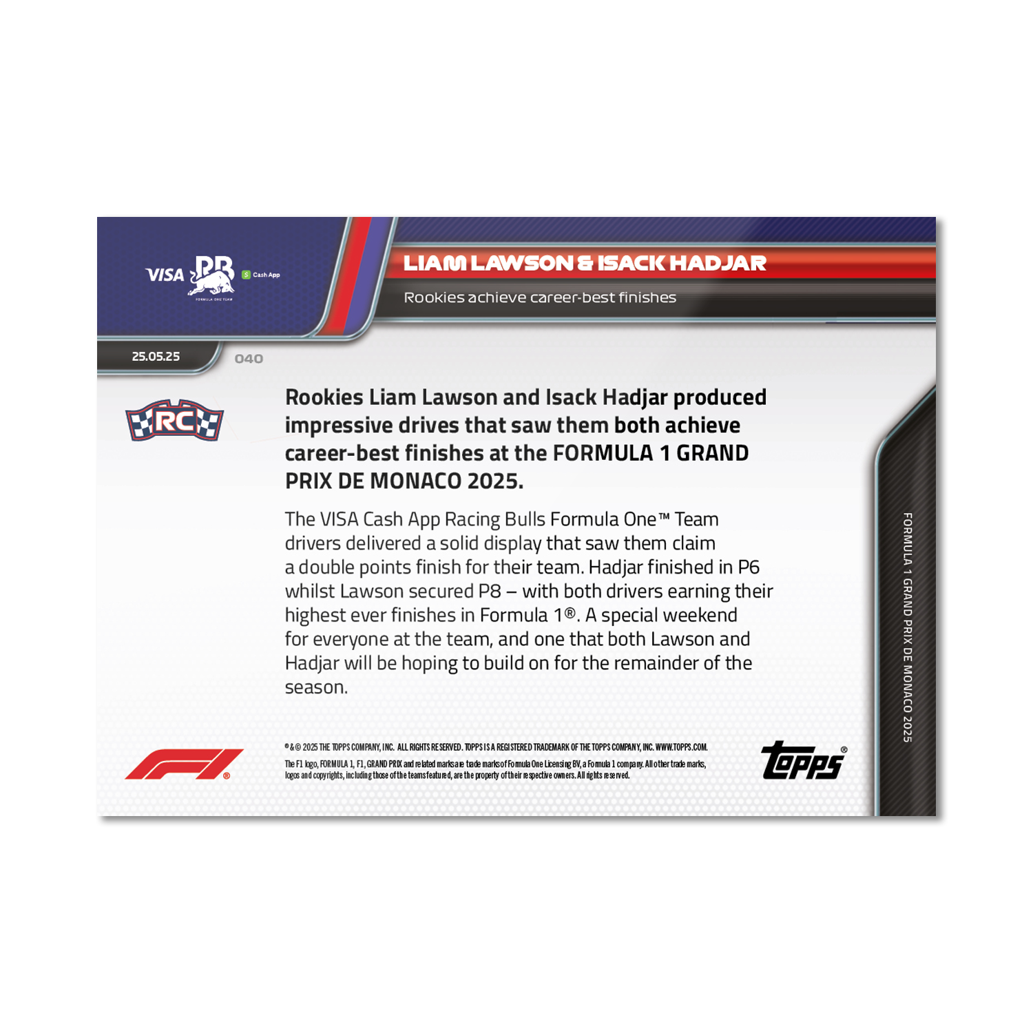 Liam Lawson & Isack Hadjar - 2025 Formula 1 Topps NOW - Card 40 - PR: 991 - Image 7