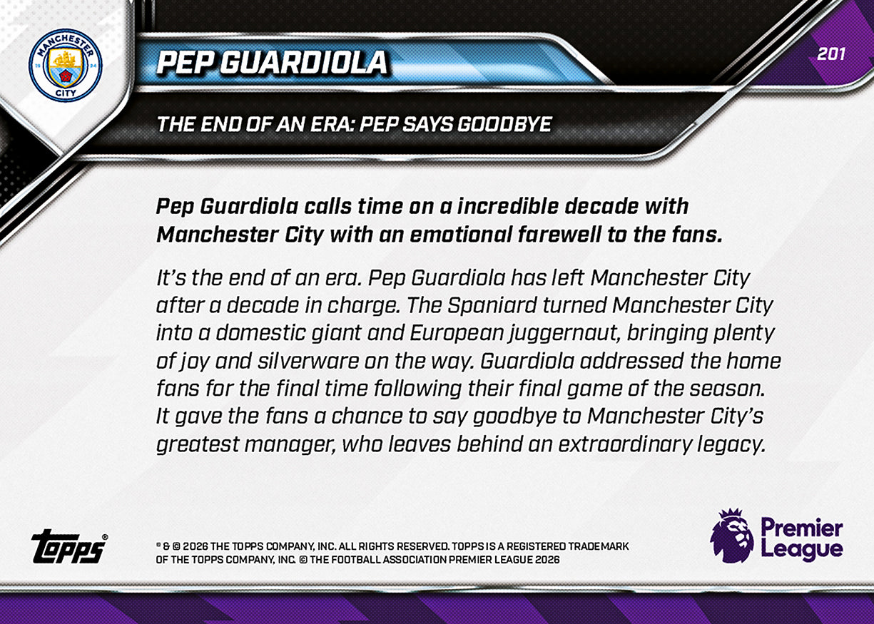 Pep Guardiola - 2025-26 Premier League Topps NOW - Card 201 - PR: 2837 - Image 8