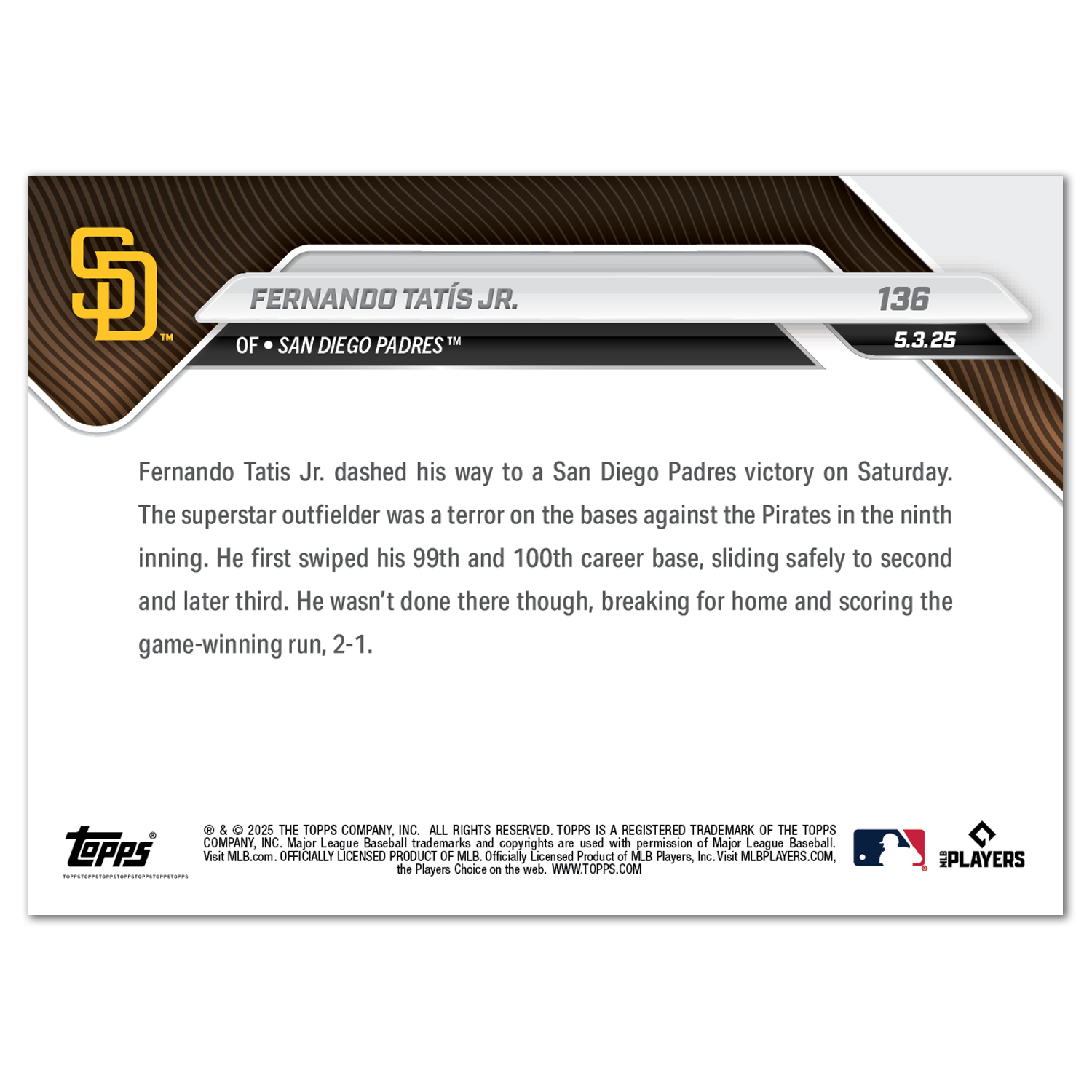 Fernando Tatis Jr. - 2025 MLB Topps NOW - Card 136 - PR: 1130 - Image 2