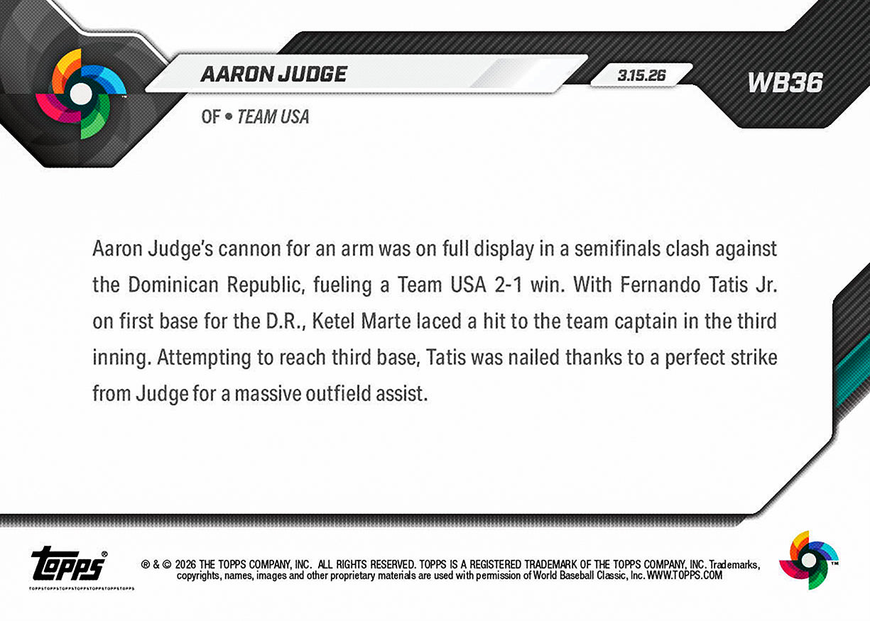Aaron Judge - 2026 World Baseball Classic Topps NOW - Card 36 - PR: 7429 - Image 2