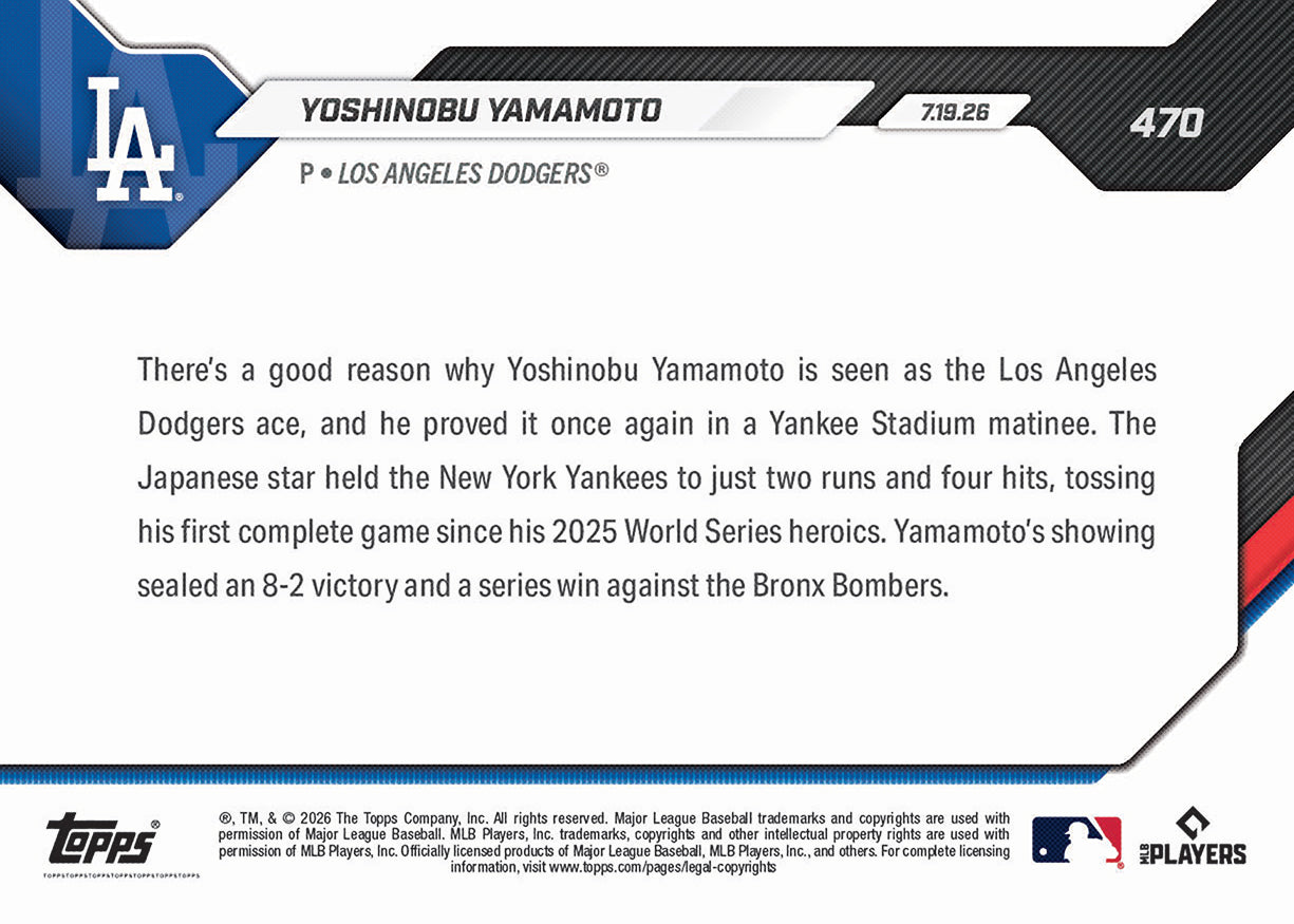 Alternative view of Yoshinobu Yamamoto - 2026 MLB Topps NOW - Card 470 - PR: 4580