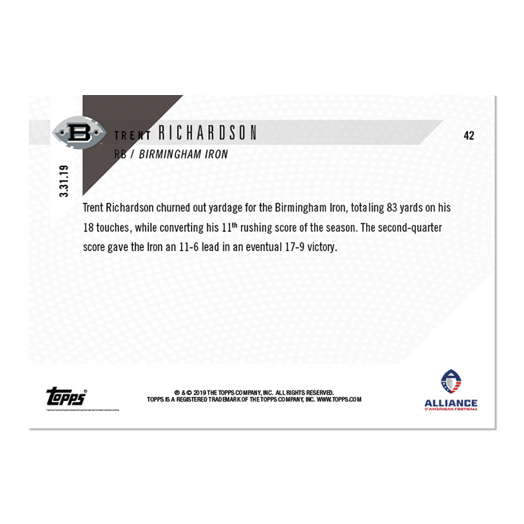 Alternative view of Trent Richardson - AAF TOPPS NOW Card 42 - Print Run: 214