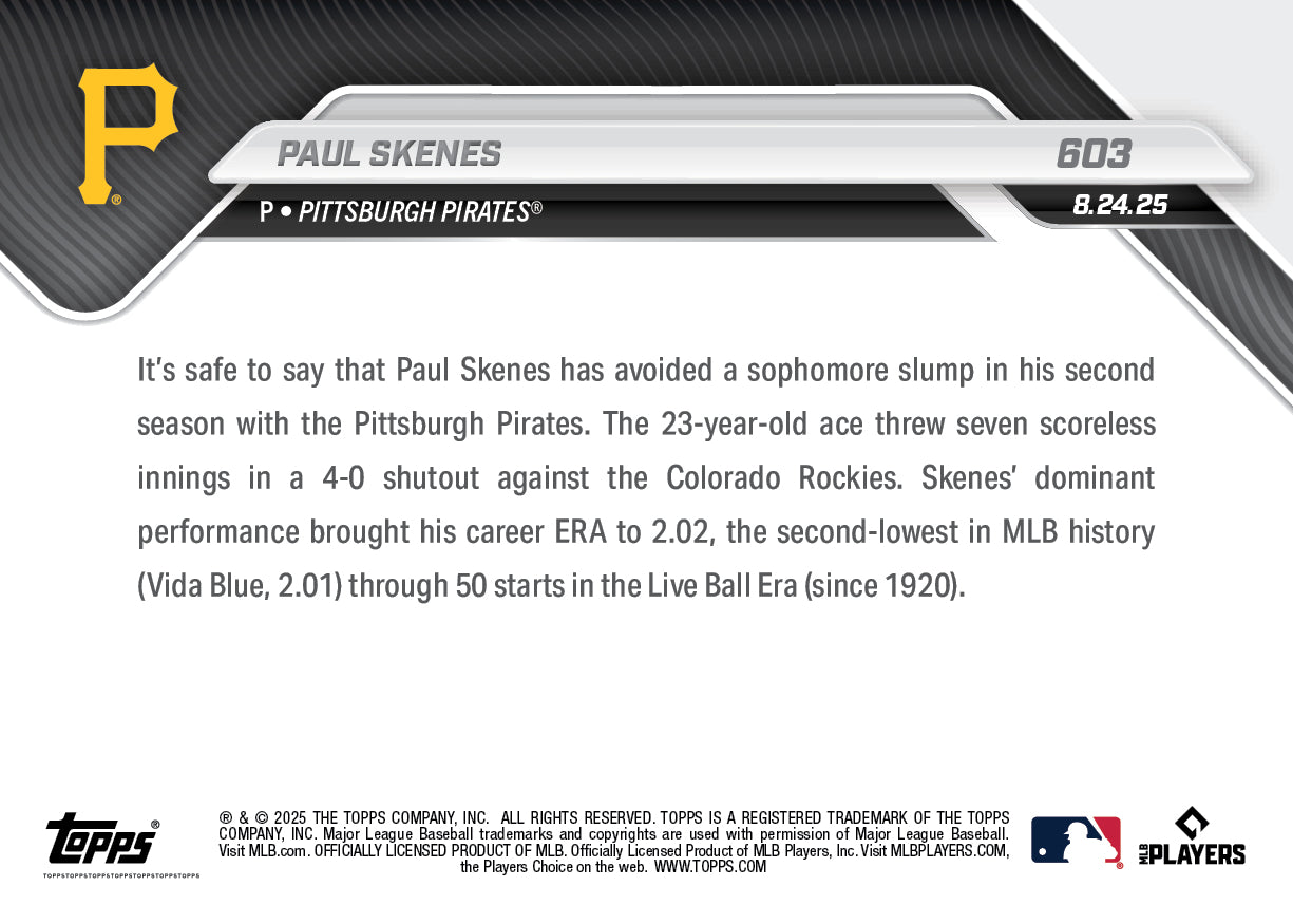 Paul Skenes - 2025 MLB Topps NOW - Card 603 - PR: 4298 - Image 2