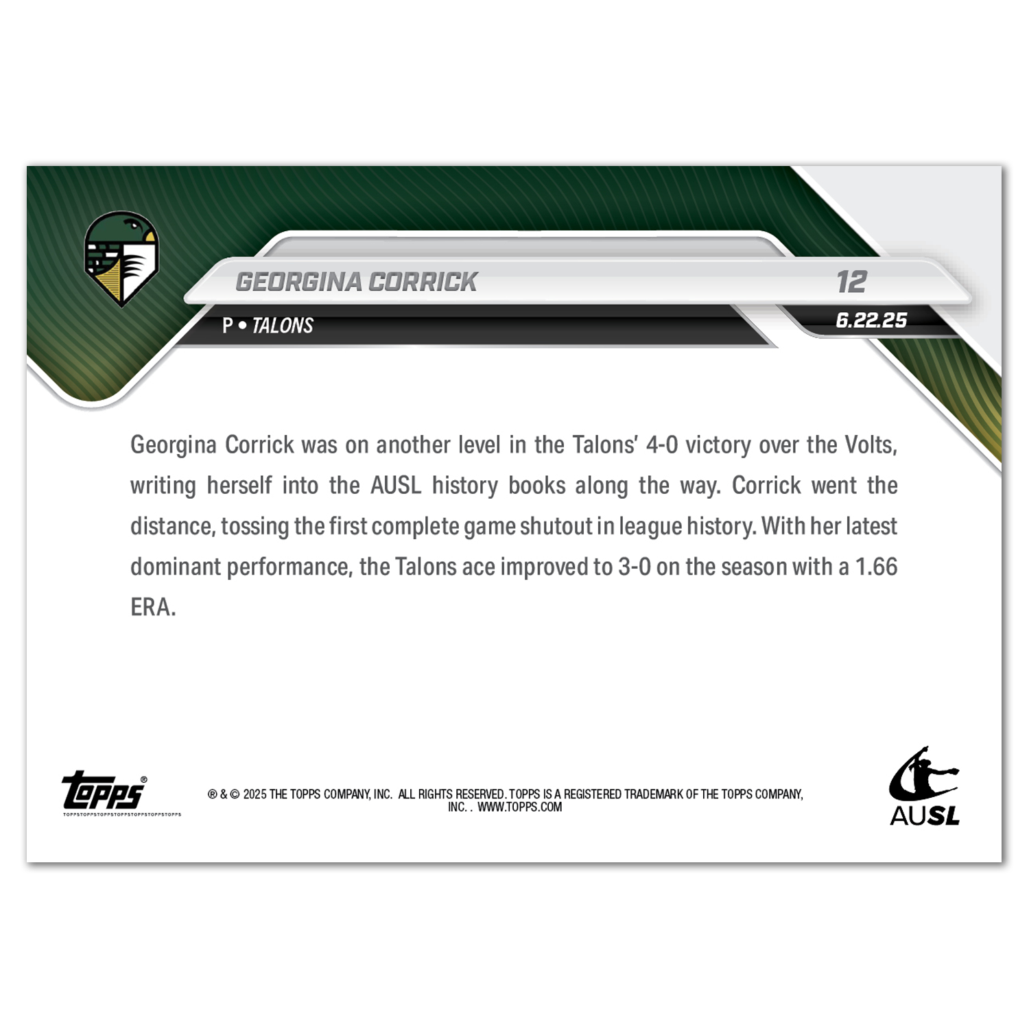 Georgina Corrick - 2025 AUSL Topps NOW - Card 12 - PR: 622 - Image 2