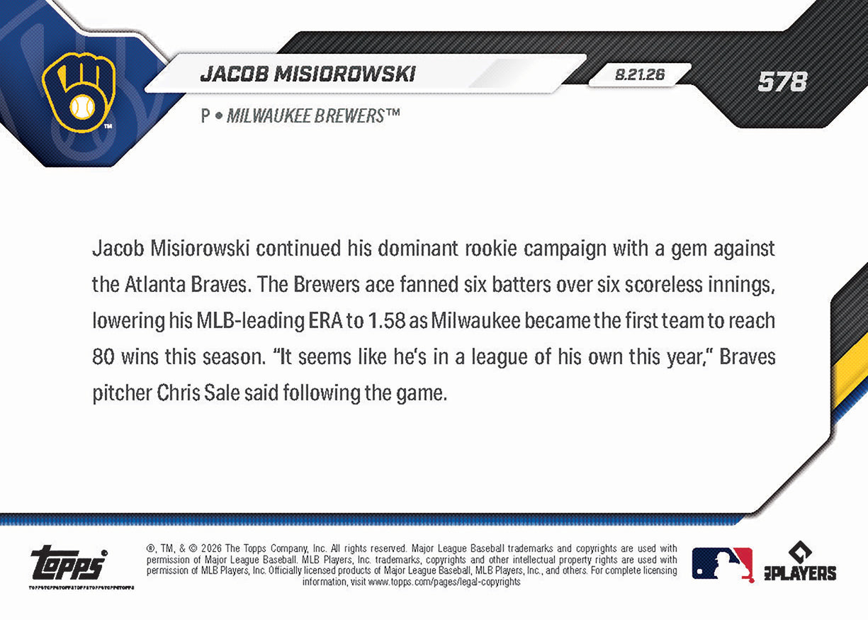 Jacob Misiorowski - 2026 MLB Topps NOW - Card 578 - PR: 4530 - Image 2